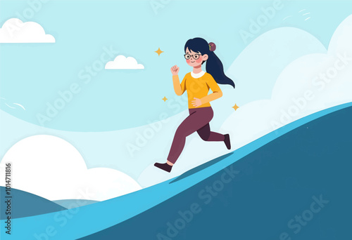 Woman Running Up a Hill with Clouds and Stars 
