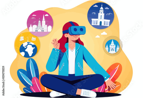 Woman wearing VR headset exploring the world 
