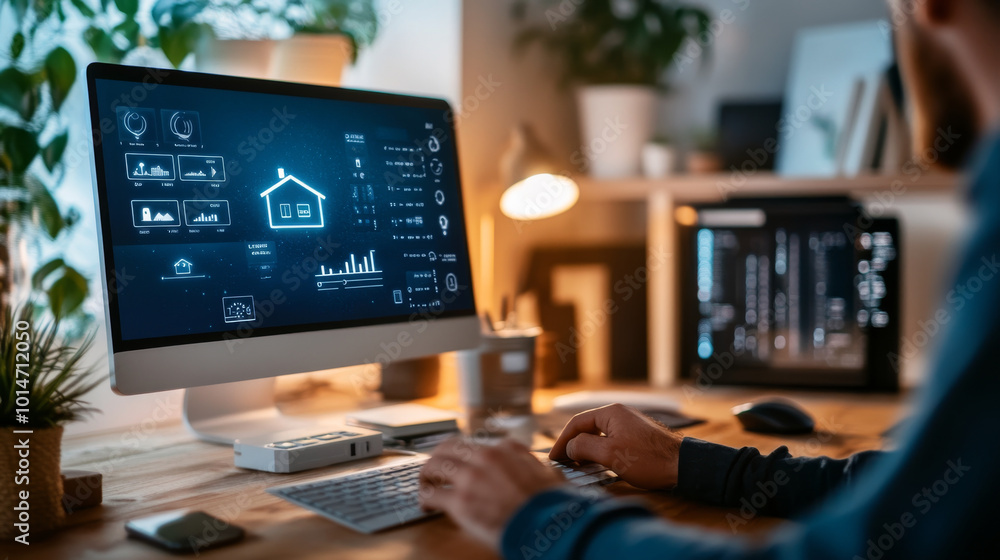 A person is working on computer with smart home technology displayed on screen, showcasing data and analytics. workspace is modern and well organized, reflecting tech savvy environment A person is working on computer with smart home technology displayed on screen, showcasing data and analytics. workspace is modern and well organized, reflecting tech savvy environment