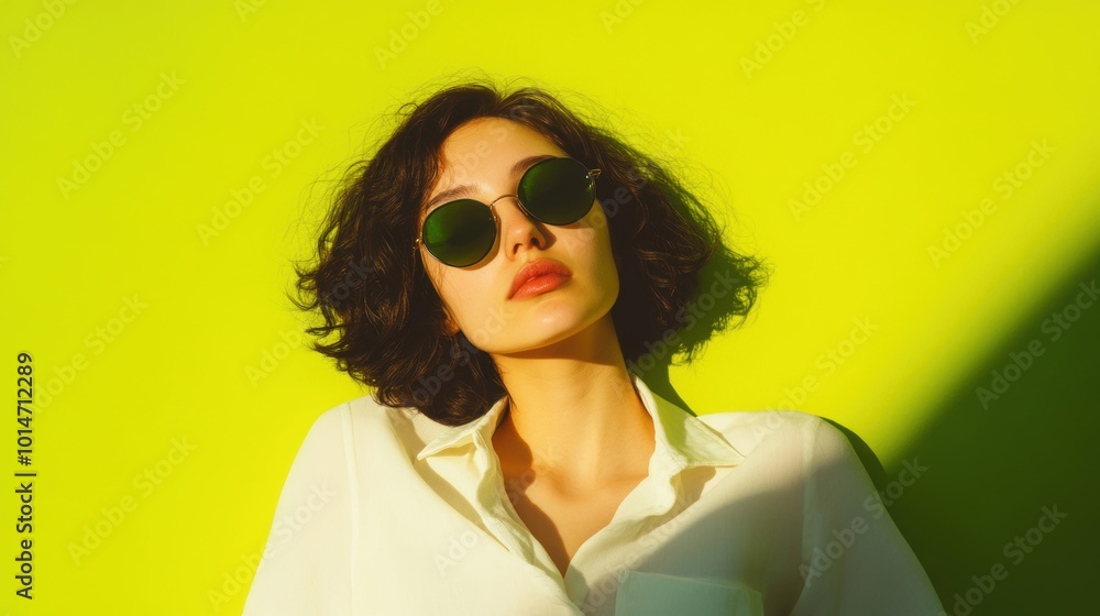 A woman relaxes in a bright green room, basking in sunlight while wearing sunglasses and a light-colored shirt A woman relaxes in a bright green room, basking in sunlight while wearing sunglasses and a light-colored shirt