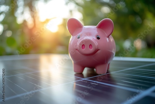 "Saving Money with Solar Energy: A Piggy Bank Placed on a Solar Panel"