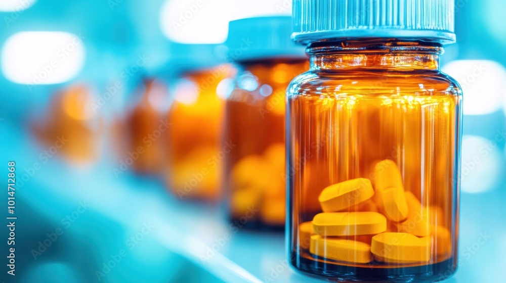 Amber medicine bottles filled with yellow tablets are neatly arranged on a clean shelf in a bright pharmacy, showcasing a variety of pharmaceuticals Amber medicine bottles filled with yellow tablets are neatly arranged on a clean shelf in a bright pharmacy, showcasing a variety of pharmaceuticals
