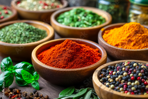 Various spices and herbs are arranged in wooden bowls on a rustic table, showcasing vibrant colors and textures that inspire flavorful culinary creations