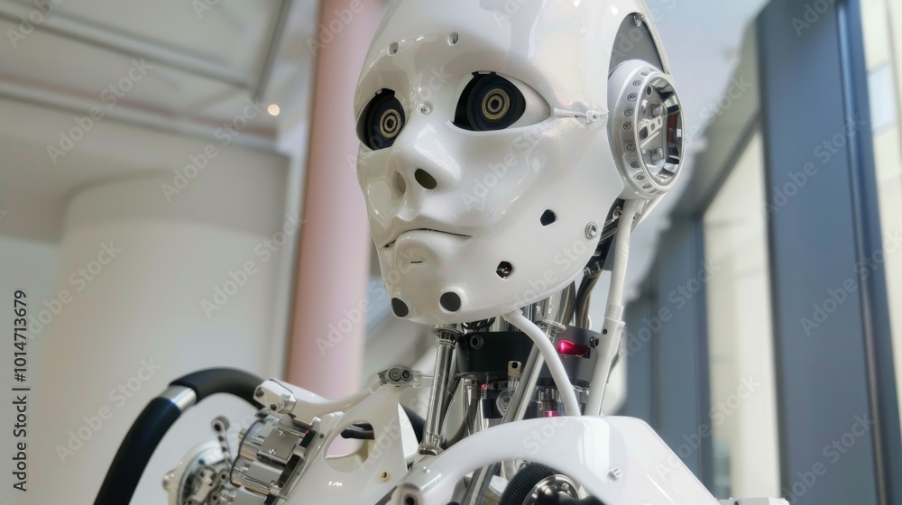 A robot with a white face and black eyes stands in front of a window A robot with a white face and black eyes stands in front of a window