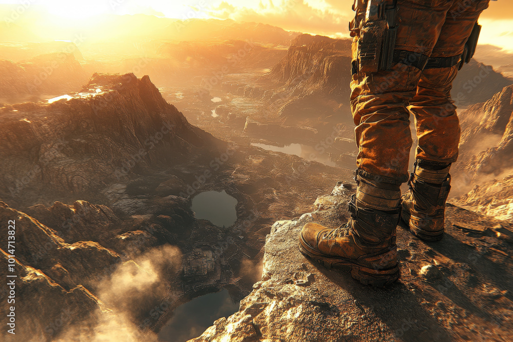 Adventurer overlooking valley at sunrise Adventurer overlooking valley at sunrise