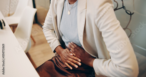 Foto Professional, woman and hands with stomach pain in office for menstrual cramps, constipation and digestion problem
