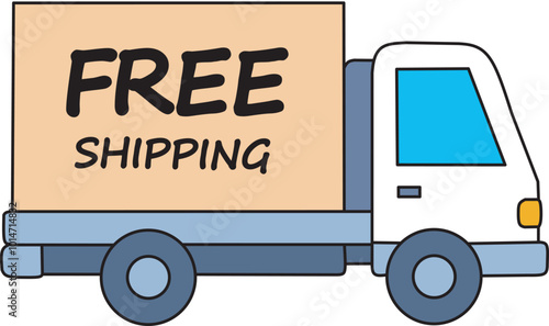 Trucks are loaded with free shipping promotional signs to deliver to customers and there are boxes of packages floating in air around them, flat vector for delivery advertisement design