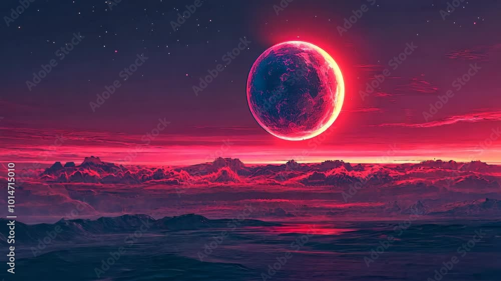 A red moon hangs in the night sky above a mountain range and clouds A red moon hangs in the night sky above a mountain range and clouds