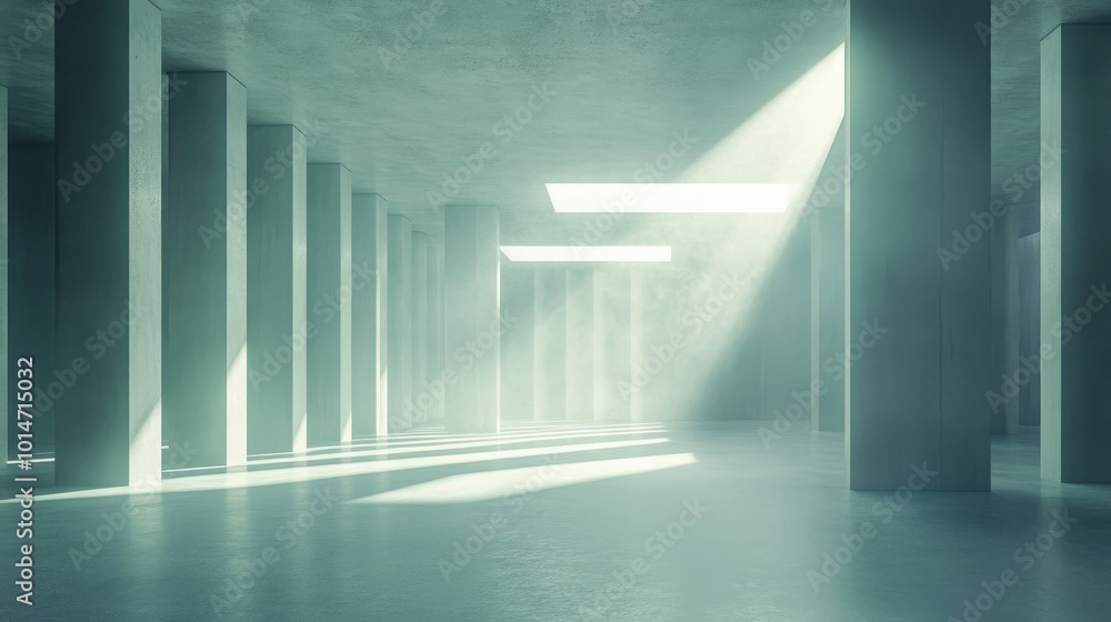Obraz premium Sunlight beams through skylights in a spacious, modern industrial concrete interior with numerous columns.