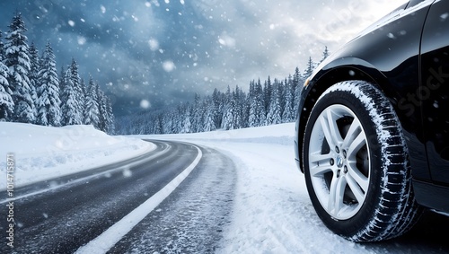 Winter tire close-up. Car on snowy road with beautiful landscape. Ai Generative.