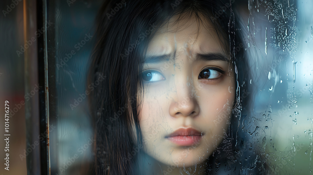 close up shot of a young woman's face seen through a window with rain droplets close up shot of a young woman's face seen through a window with rain droplets