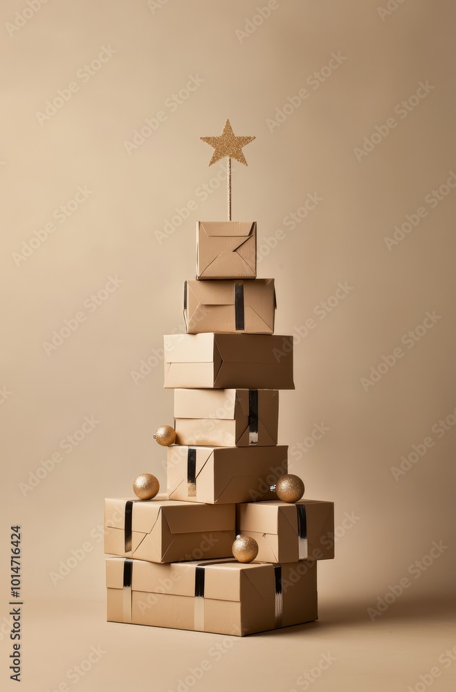 A festive cardboard box Christmas tree with decorations and a star atop, set against a beige background in a minimalistic style during the holiday season A festive cardboard box Christmas tree with decorations and a star atop, set against a beige background in a minimalistic style during the holiday season