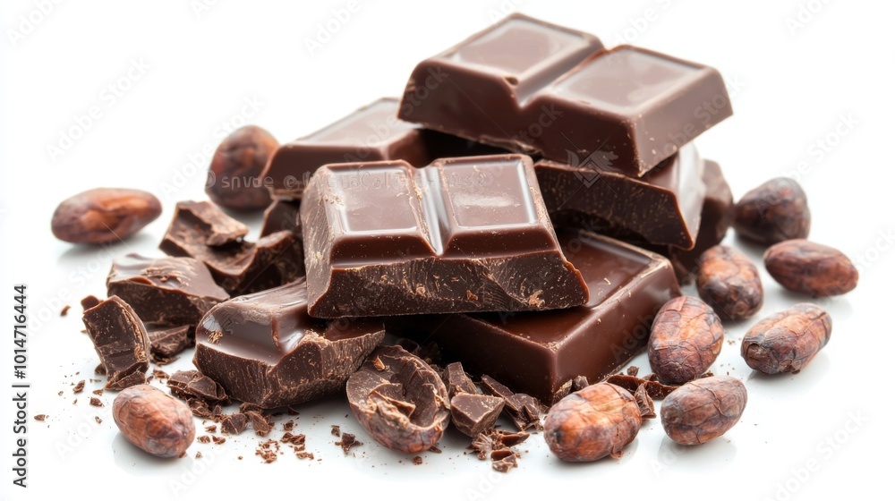 Chocolate bar broken into pieces with cocoa beans on white background Chocolate bar broken into pieces with cocoa beans on white background