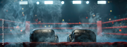 Close up of ropes, boxing ring, arena, octagon. Dramatic lighting, spotlights, steam effect. Mock up of professional sport event. Generative ai