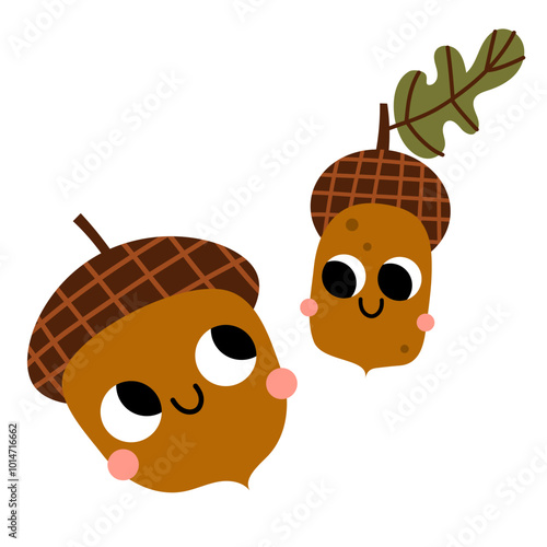 Cute acorn character oak tree in cartoon style forked toddler education page print, Playful friends family isolated on white background.