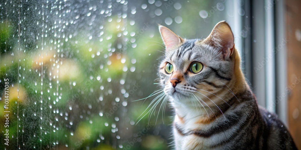 Cute American Shorthair cat staring at the rainy sky through the window glass during the rainy season, cat, American Shorthair, window Cute American Shorthair cat staring at the rainy sky through the window glass during the rainy season, cat, American Shorthair, window