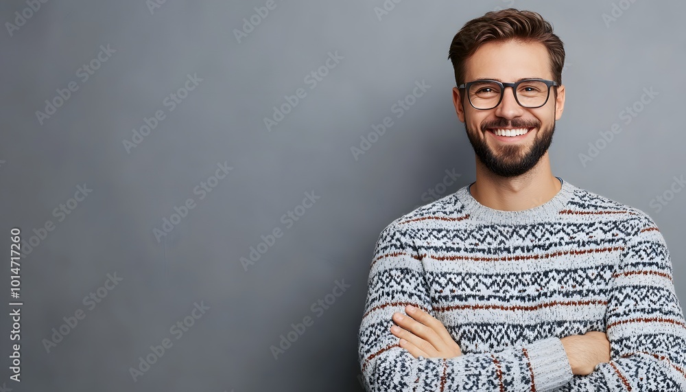 Smiling Man with Glasses and Folded Arms Wearing a Patterned Sweater Smiling Man with Glasses and Folded Arms Wearing a Patterned Sweater