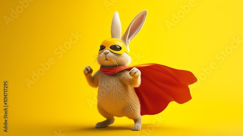 A photorealistic image of a brave brown bunny wearing a superhero cape and mask.