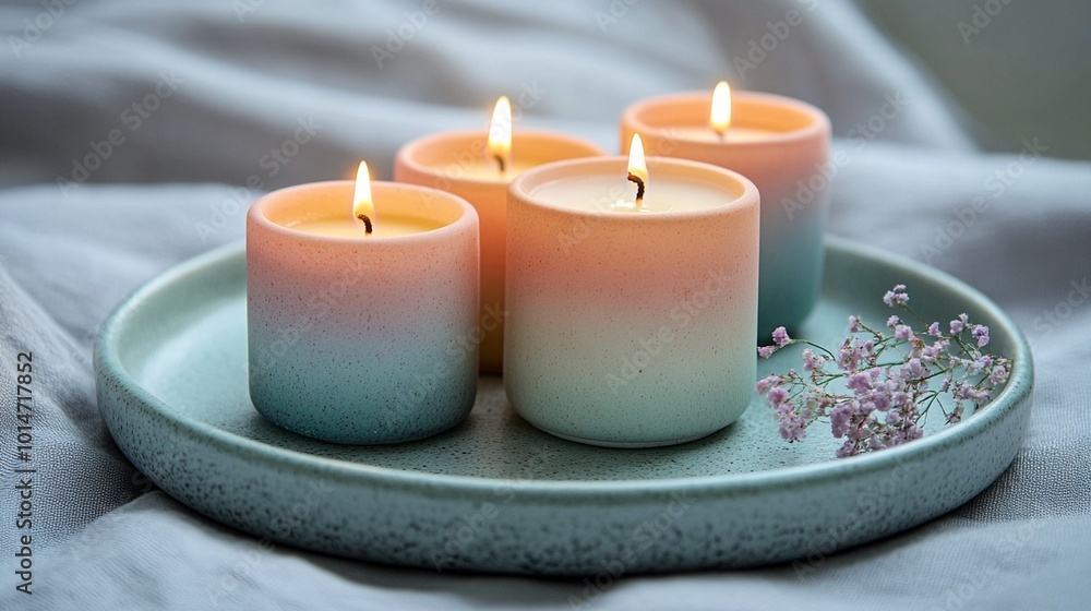 Elegant pastel candles arranged on a soft fabric with delicate floral accents in a serene setting Elegant pastel candles arranged on a soft fabric with delicate floral accents in a serene setting