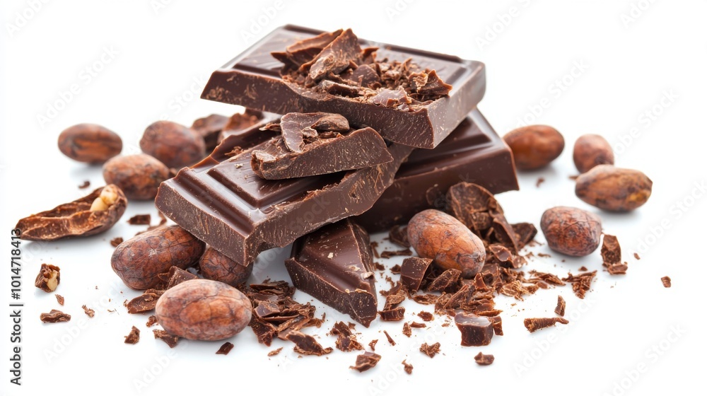 Chocolate bar broken into pieces with cocoa beans on white background Chocolate bar broken into pieces with cocoa beans on white background