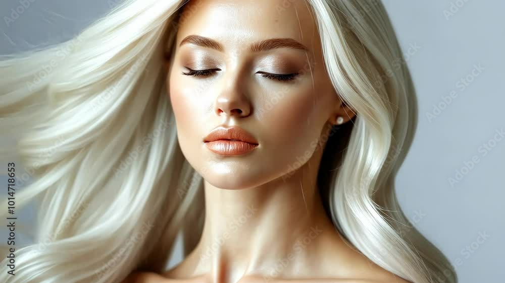 A woman with long, blonde hair looks down with her eyes closed