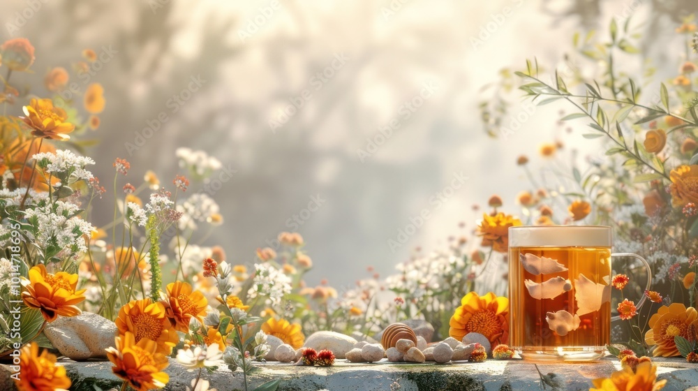 Serene and vibrant floral garden with blooming yellow sunflowers daisies and other flowers and plants in a picturesque rural countryside landscape