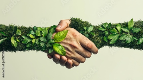 A close-up of a handshake between two hands covered in green moss and leaves symbolizing unity and commitment to environmental sustainability