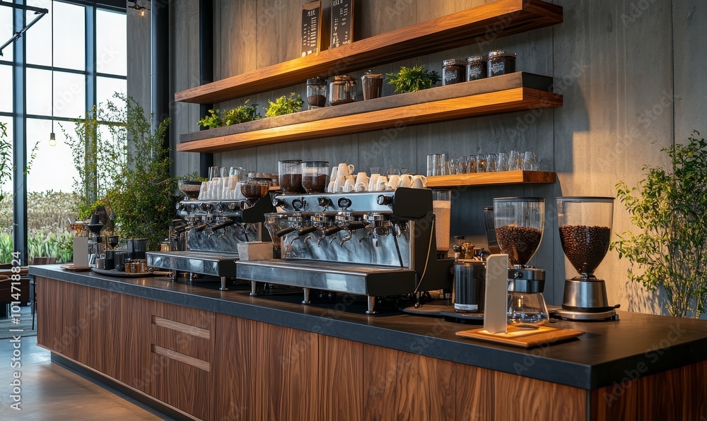 Cozy cafe with fireplace, coffee machine, and window. Cozy cafe with fireplace, coffee machine, and window.