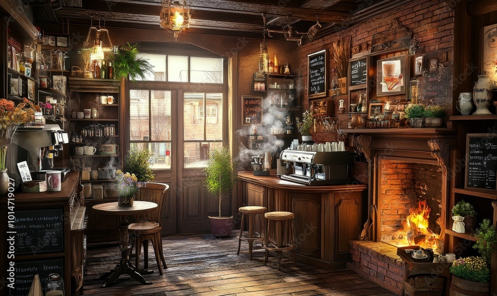 Fototapeta premium Cozy cafe with fireplace, coffee machine, and window.