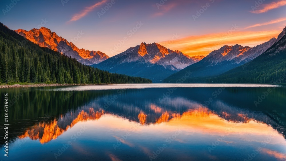 Fototapeta premium A serene lake reflecting majestic mountains under a colorful sunset sky.