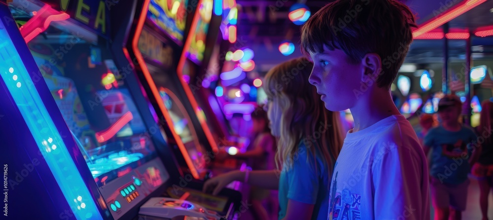 Obraz premium 90s Arcade Birthday Party with Kids Playing Classic Games Under Neon Lights
