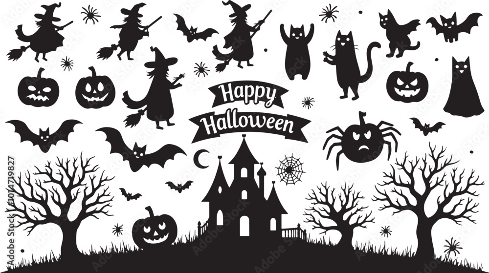 Happy Halloween set of black silhouettes isolated on a white background. Vector illustration Happy Halloween set of black silhouettes isolated on a white background. Vector illustration