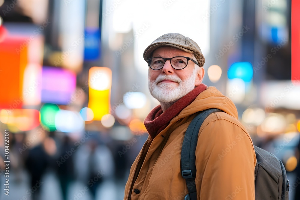 Candid portrait of a senior citizen exploring the bustling streets and iconic sights of New York City with an adventurous spirit and joyful expression The image captures the active Candid portrait of a senior citizen exploring the bustling streets and iconic sights of New York City with an adventurous spirit and joyful expression The image captures the active