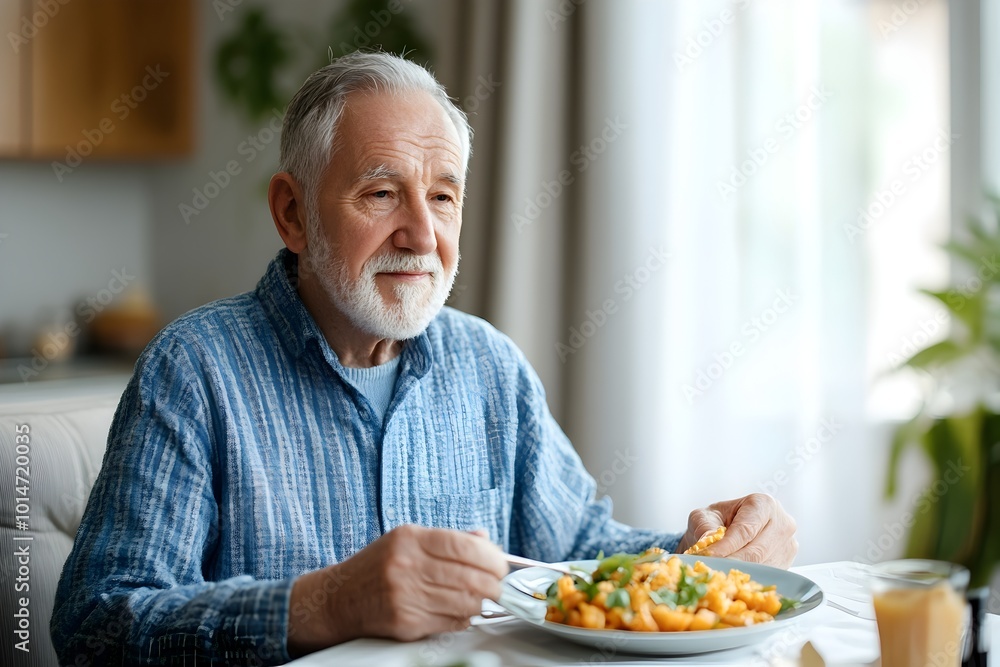 Close up of an elderly man savoring a delightful meal in the comforts of his hotel room conveying a sense of pure enjoyment and contentment within a peaceful relaxing setting Close up of an elderly man savoring a delightful meal in the comforts of his hotel room conveying a sense of pure enjoyment and contentment within a peaceful relaxing setting