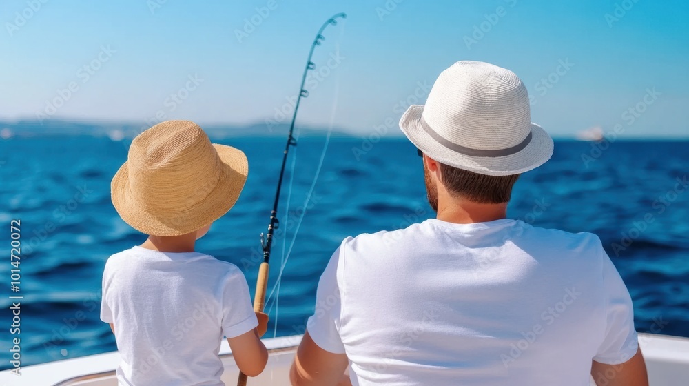 Father and Son Enjoying a Peaceful Day Fishing on the Ocean, AI Father and Son Enjoying a Peaceful Day Fishing on the Ocean, AI