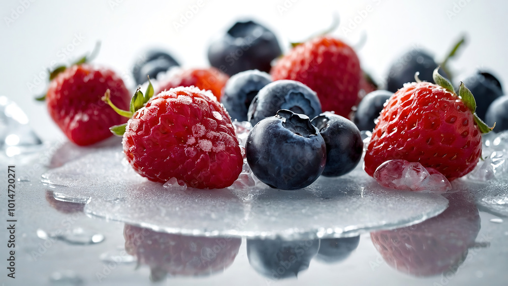 various berries are reflected on an icy surface various berries are reflected on an icy surface
