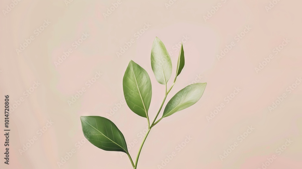 A single green plant branch with fresh leaves against a soft pink background, showcasing minimalist beauty and natural elegance. A single green plant branch with fresh leaves against a soft pink background, showcasing minimalist beauty and natural elegance.