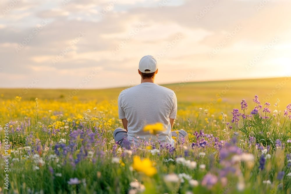 Person Sitting Amidst Vibrant Wildflowers Fully Embracing the Present Moment in Peaceful Solitude Person Sitting Amidst Vibrant Wildflowers Fully Embracing the Present Moment in Peaceful Solitude