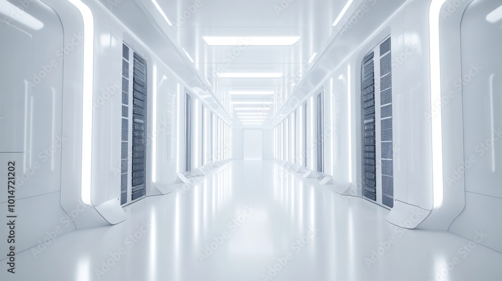Obraz premium Data center server room with a sterile white environment, neatly organized servers and cables, bright, well-lit space.
