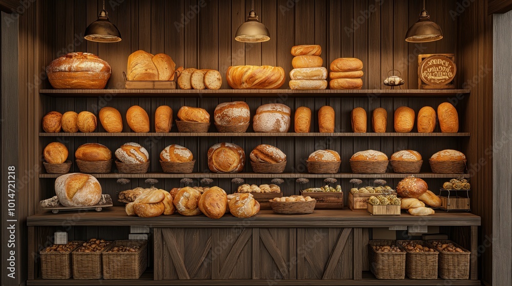 Fototapeta premium A rustic bakery featuring a display of fresh bread loaves arranged on wooden shelves. The warm lighting highlights the texture and golden crusts of the artisanal breads, creating a cozy ambiance.