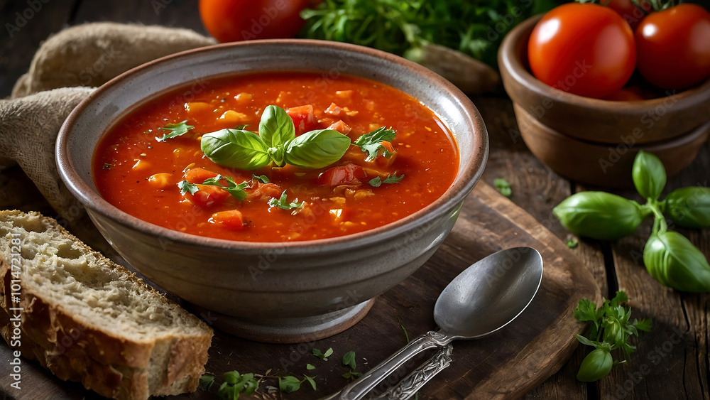 tomato soup in a bowl on a wooden table tomato soup in a bowl on a wooden table