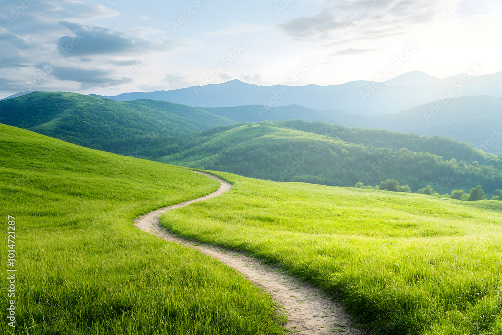 Fototapeta premium Winding Pathway Through Lush Green Landscape with Gazing Towards the Horizon