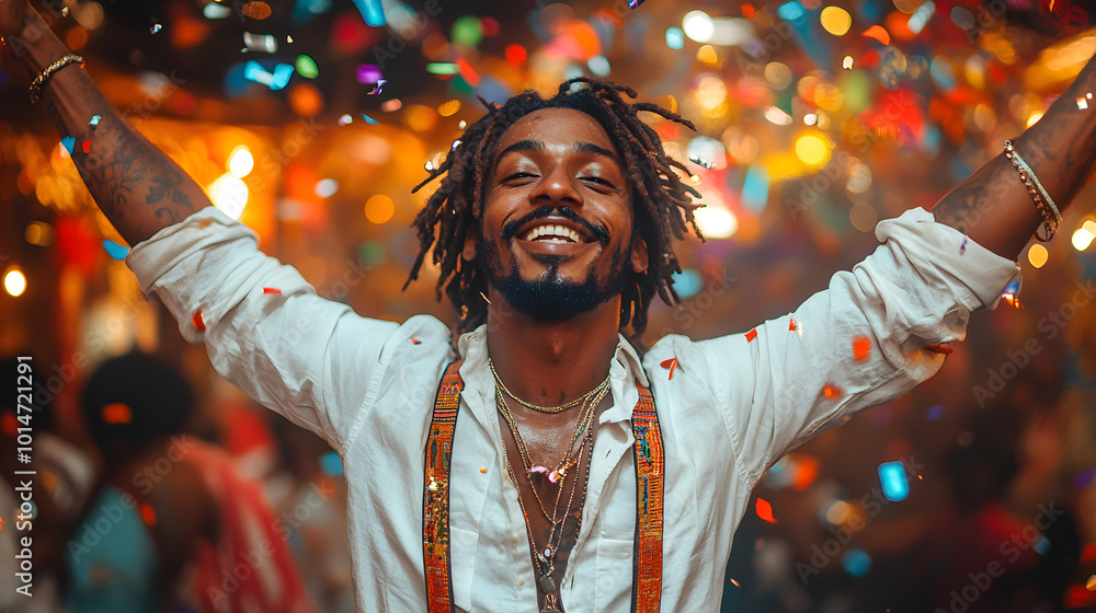 A cinematic shot of an excited Black man with dreadlocks, smiling joyfully while standing in a bright outdoor setting.
A cinematic shot of an excited Black man with dreadlocks, smiling joyfully while standing in a bright outdoor setting.