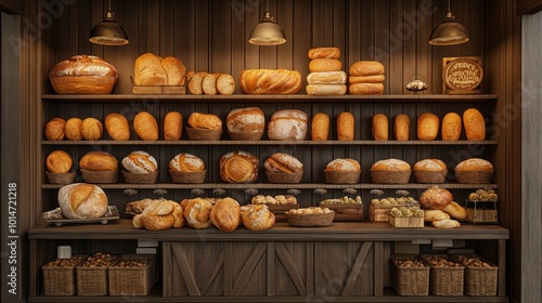 A rustic bakery featuring a display of fresh bread loaves arranged on wooden shelves. The warm lighting highlights the texture and golden crusts of the artisanal breads, creating a cozy ambiance.