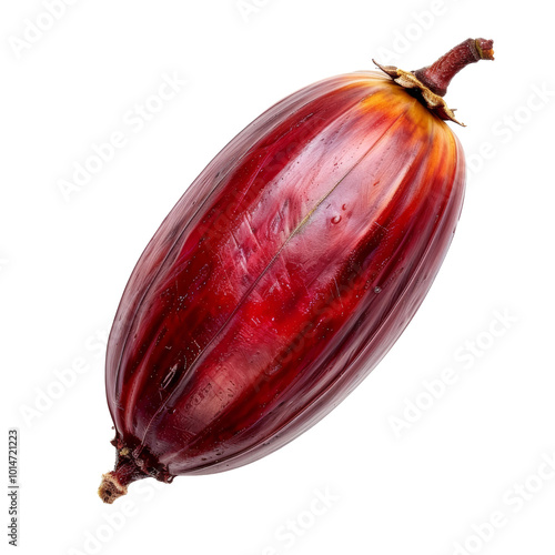 Bright Red Cocoa Pod with Smooth Surface and Pointed Ends. photo