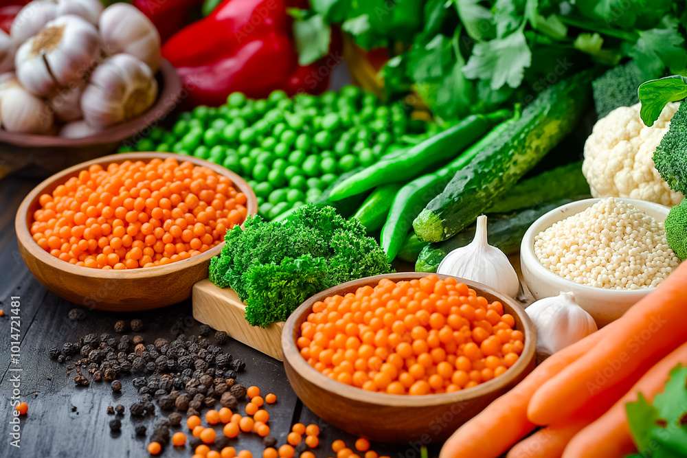 An array of fresh vegetables and herbs showcases vibrant colors and textures on a wooden surface, featuring carrots, cucumbers, peas, garlic, and more An array of fresh vegetables and herbs showcases vibrant colors and textures on a wooden surface, featuring carrots, cucumbers, peas, garlic, and more