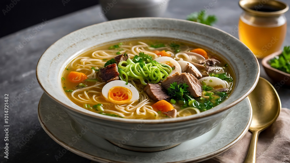 Asian noodle soup in a bowl, with egg, sliced meat and spring onions Asian noodle soup in a bowl, with egg, sliced meat and spring onions