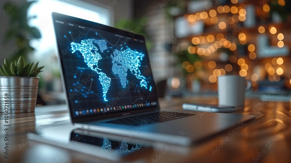 A laptop with a world map on the screen, showing a network of connections. A laptop with a world map on the screen, showing a network of connections.