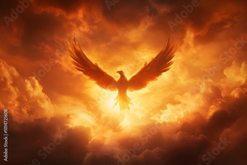 Majestic Phoenix Rising from Fiery Clouds Symbolizing Personal Transformation and Empowerment