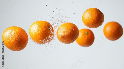 Fresh oranges splashing in mid-air against a light background in a playful display of motion